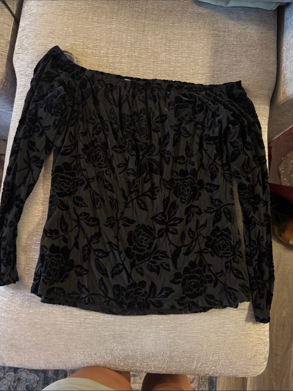 Daniel Rainn Black Off-Shoulder Floral Burnout Velvet Top